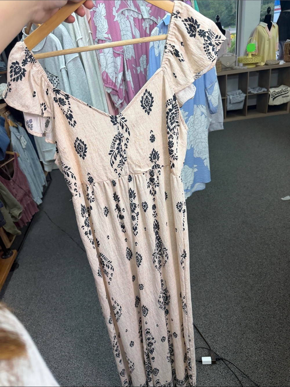 Blush Floral Ruffle-Sleeve Maxi Dress